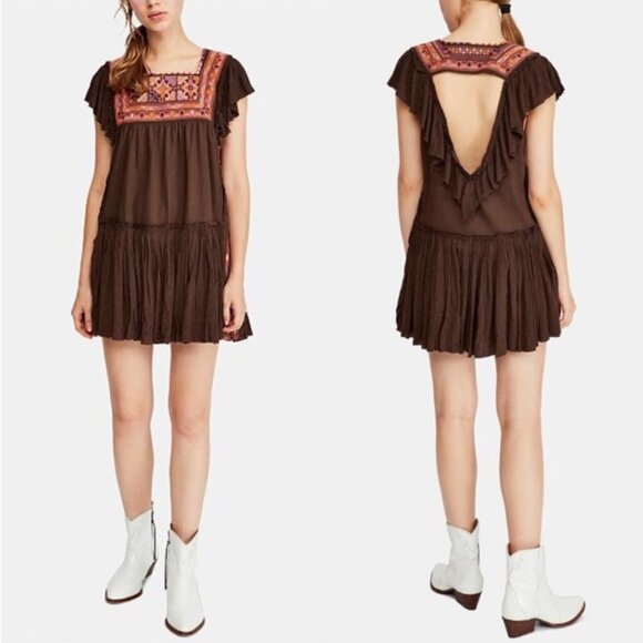 Free People Brown Boho Embroidered Ruffle Trim Cutout Mini Dress - Picture 1 of 8